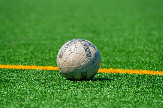 Soccer ball resting on the soccer field