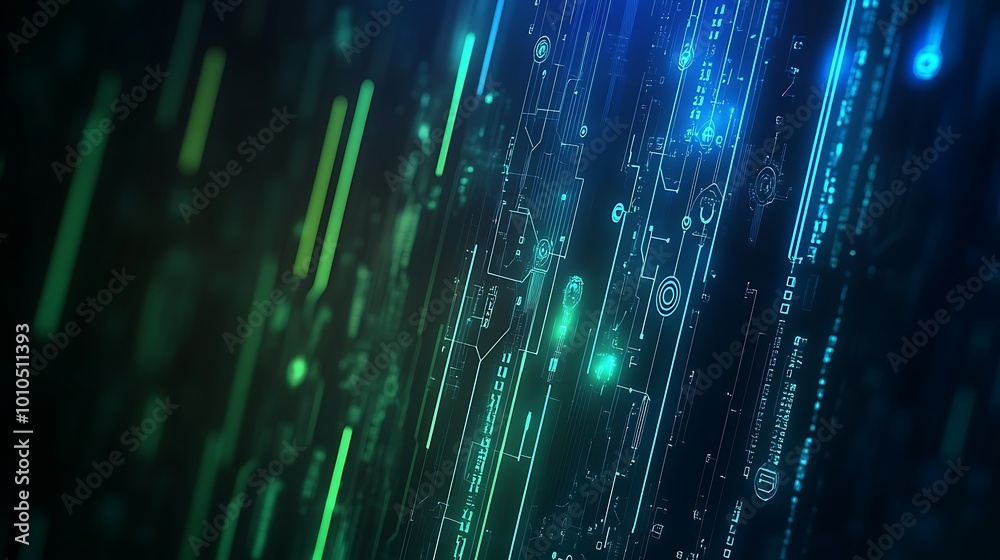 Poster Abstract digital background with glowing lines and circuit board patterns in blue and green hues.