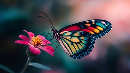 Obraz premium Capture the breathtaking beauty of a vibrant butterfly resting on a fragile bloom, revealing exquisite details in a captivating close-up.