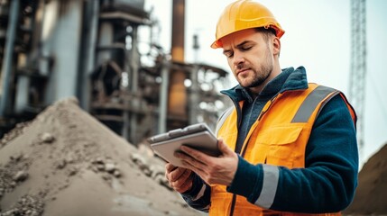 A construction worker in an orange safety vest and helmet checks his tablet on a building site with machinery and sand in the background.
