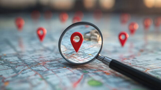 Magnifying glass focusing on red location pin on city map with other pins in distance