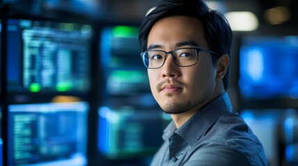Fototapeta premium A Close-Up Portrait of a Man Wearing Glasses in a Tech-Filled Room