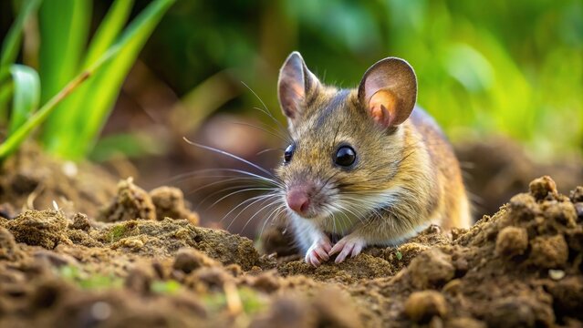 Field mouse camouflaging itself in the ground, viewed from a unique angle