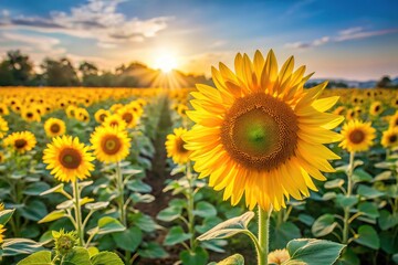 Obraz premium Field of blooming sunflowers in sunshine