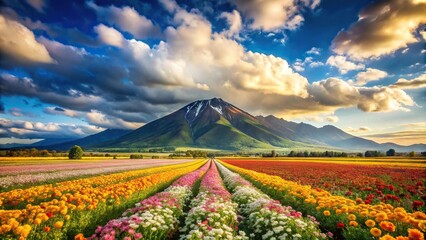 Fototapeta premium Field of flowers with mountain and clouds