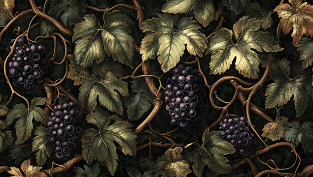 wallpaper pattern featuring a grapevine from the 1600s, with twisting vines, clusters of grapes, and large, intricate leaves, rich textures and depth