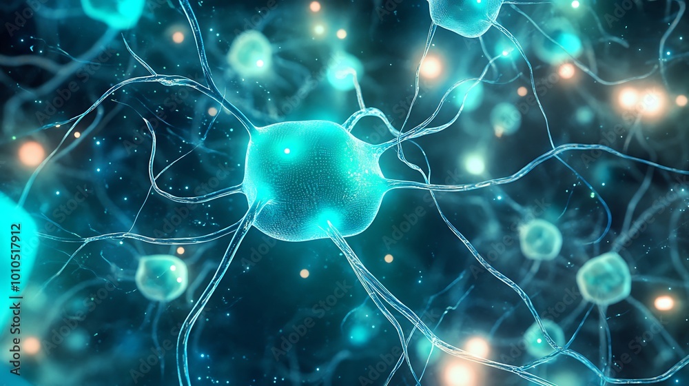 Poster A 3D rendering of a neuron with glowing blue axons and dendrites.