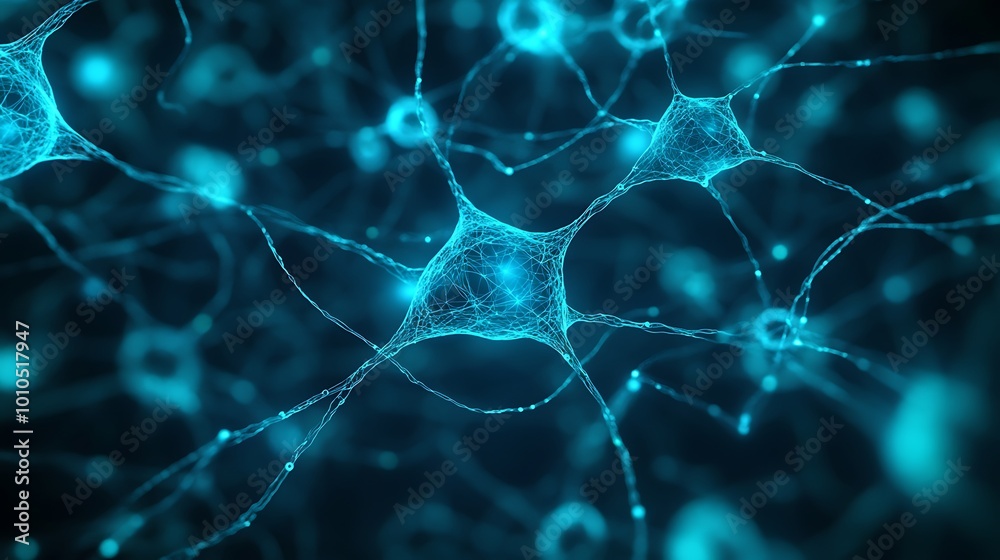Aufkleber Abstract representation of a neural network with glowing blue neurons and synapses.