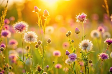 Obraz premium Field of grass flowers blooming in summer nature background close-up
