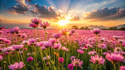 Fototapeta premium Field of pink starburst flowers at sunset with forced perspective