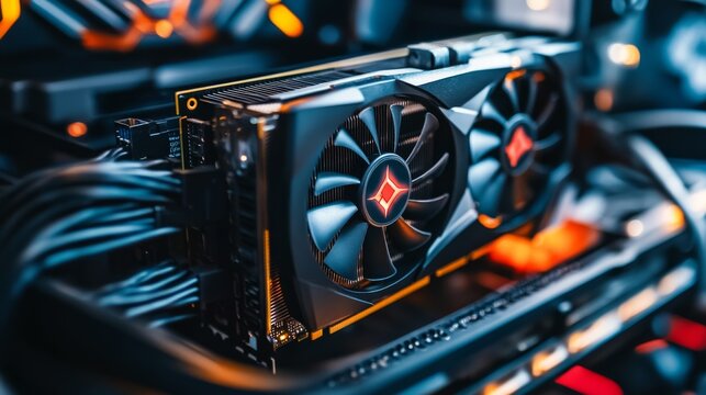 A close-up shot of a high-end graphics card inside a computer, showcasing sleek design and robust cooling fans, emphasizing gaming and performance technology.