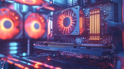 A close-up view of a computer's cooling system, featuring vibrant red lights and intricate circuitry, highlighting advanced technology in a modern setup.