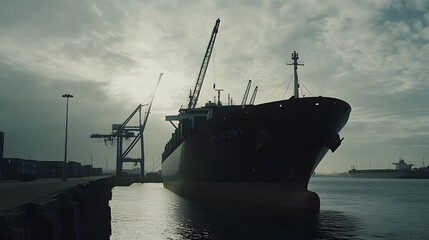 Fototapeta premium Large cargo ship docked at a port with cranes and containers, symbolizing a port strike, highlighting the scale of the port and the absence of activity