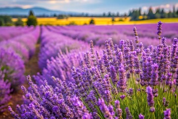 Fields of lavender flowers growing in the summer in Oregon Macro