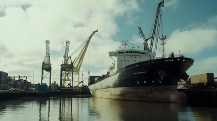 Fototapeta premium Large cargo ship docked at a port with cranes and containers, symbolizing a port strike, highlighting the scale of the port and the absence of activity