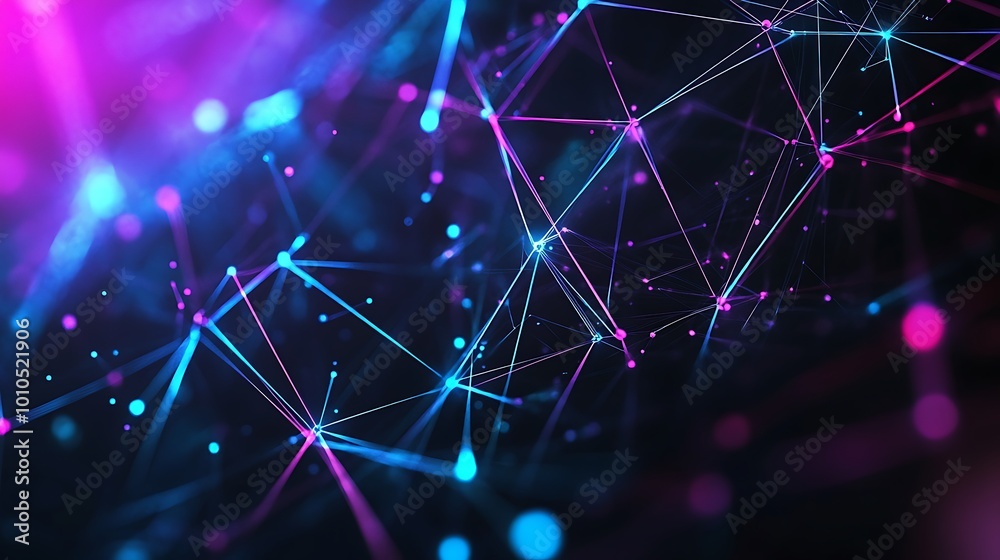 Poster abstract network with glowing blue and pink lines and dots on a black background.
