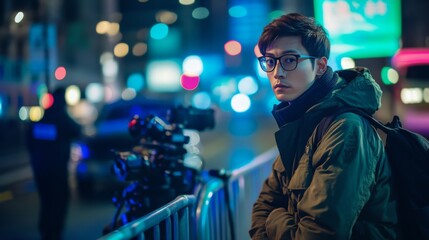 Fototapeta premium Young Man in Glasses Standing in Front of a Barrier at Night