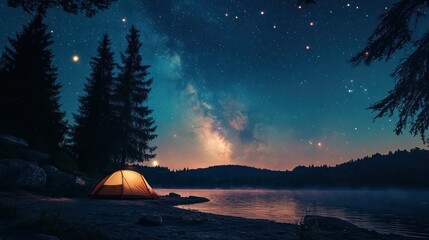 Illuminated Tent on a Lake Shore Under the Milky Way