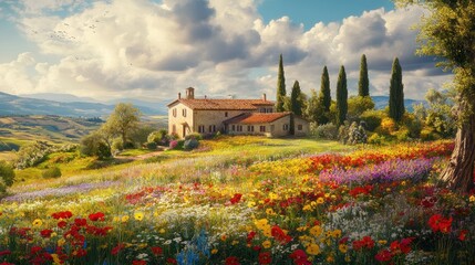 Naklejka premium Un precioso lugar en la toscana, rodeado de flores coloridas