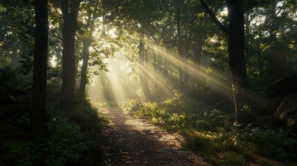 Fototapeta premium Sunbeams Illuminating a Forest Path