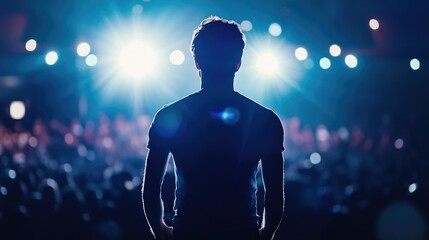 Back view of a speaker addressing a large audience in a dimly lit auditorium, warm orange lighting creating a dramatic