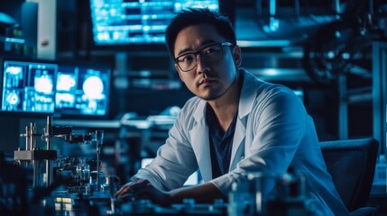 A Scientist in a Lab, Focused on a Machine Under Blue Lighting