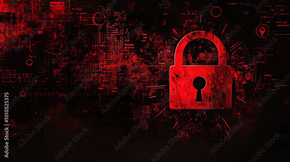 Poster A red padlock with a keyhole sits on a dark red background with a digital circuit board pattern.