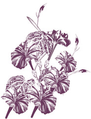 a drawing of a plant with purple flowers
The design features a stylized representation of a plant with multiple leaves, created using a pointillism technique. Here are the details:
•	Art Style: Pointi