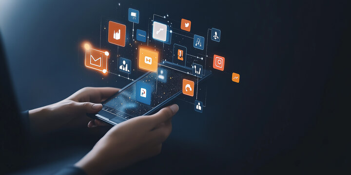 Abstraktes digitales Konzept der Gesch&auml;ftstechnologie mit in der Hand gehaltenem Mobiltelefon, Tablet und Laptop, auf dem Social-Media-Symbole  angezeigt werden. IoT-Smart-Home