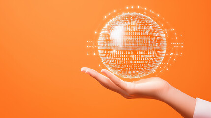A digital globe held by a hand, surrounded by binary code and network connections, symbolizing global data transfer and technology. With an orange background and glowing effects,