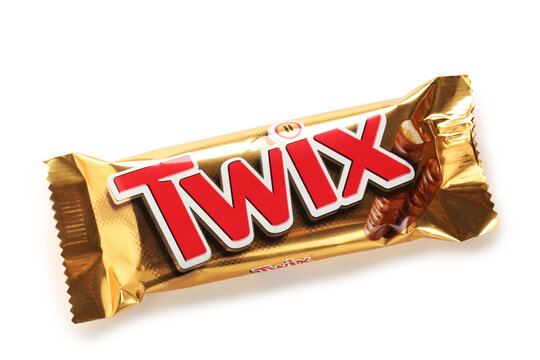 MYKOLAIV, UKRAINE - JANUARY 15, 2021: Twix chocolate bars on white background