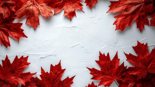 Red maple leaves on a white background with copy space.