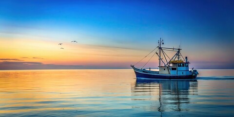 Fototapeta premium Fishing trawler in blue sea at dawn