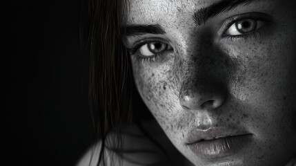 Fototapeta premium Black and White Portrait of a Woman with Freckles