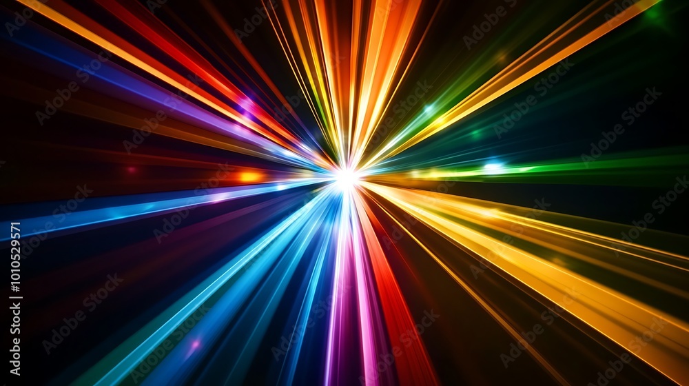 Poster Abstract background with colorful light streaks radiating outwards from a central point, creating a sense of speed and movement.