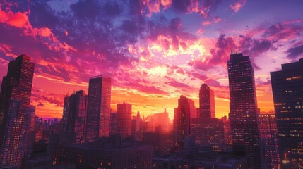 Obraz premium A panoramic view of a cityscape at sunset with skyscrapers and a colorful sky.