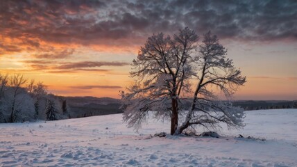 winter landscape at sunset, snowy road