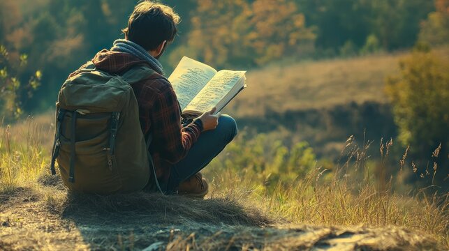 A Young Man Reading a Book in a Field