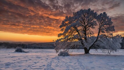 winter landscape at sunset, snowy road