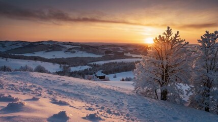 winter landscape at sunset, snowy road