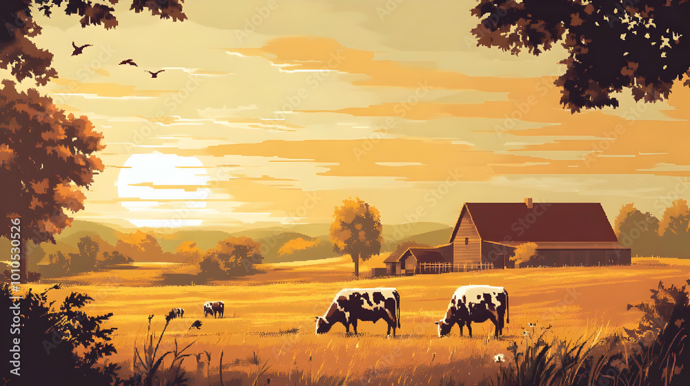 Wall mural Peaceful Cows Grazing in a Golden Sunset Farm