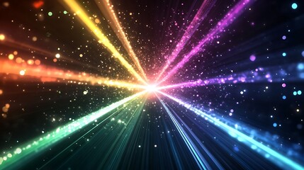 Abstract background with colorful light beams radiating from a central point, creating a dynamic and energetic effect.