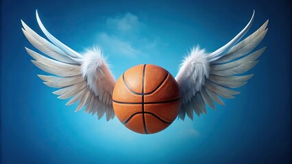 floating basketball with angelic wings against blue background