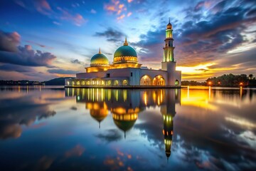 Floating mosque at night with surrounding lights creating a depth of field effect