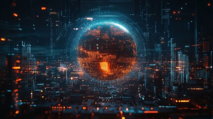 Abstract digital cityscape with a globe overlay, perfect for business presentations and futuristic concepts
