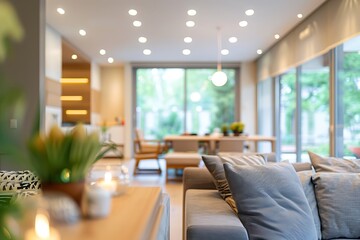 Fototapeta premium Blurred view of modern living room interior with grey sofas and coffee table