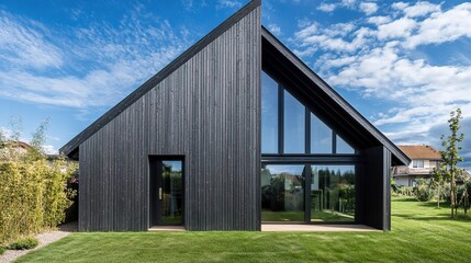 Modern Black House with Large Windows and Minimalist Design