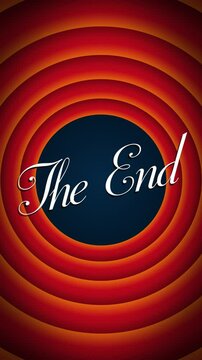 "The end" title card old cartoon with orange gradient circles zooming in with an overshoot and bounce back effect for vertical display
