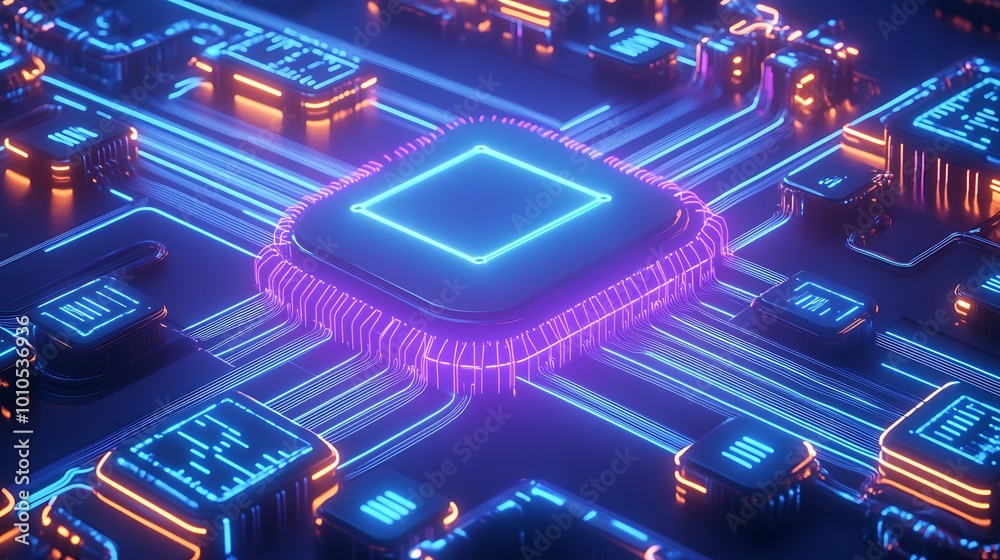 Poster a glowing cpu chip with neon lights sits on a circuit board.