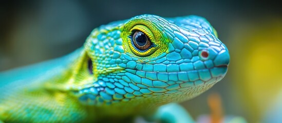 Obraz premium Close-up of a green and blue lizard's head with a focused eye.